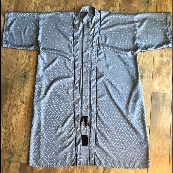 Kimono style silky mini print robe. slate gray Black piping trim OS - Picture 2 of 15